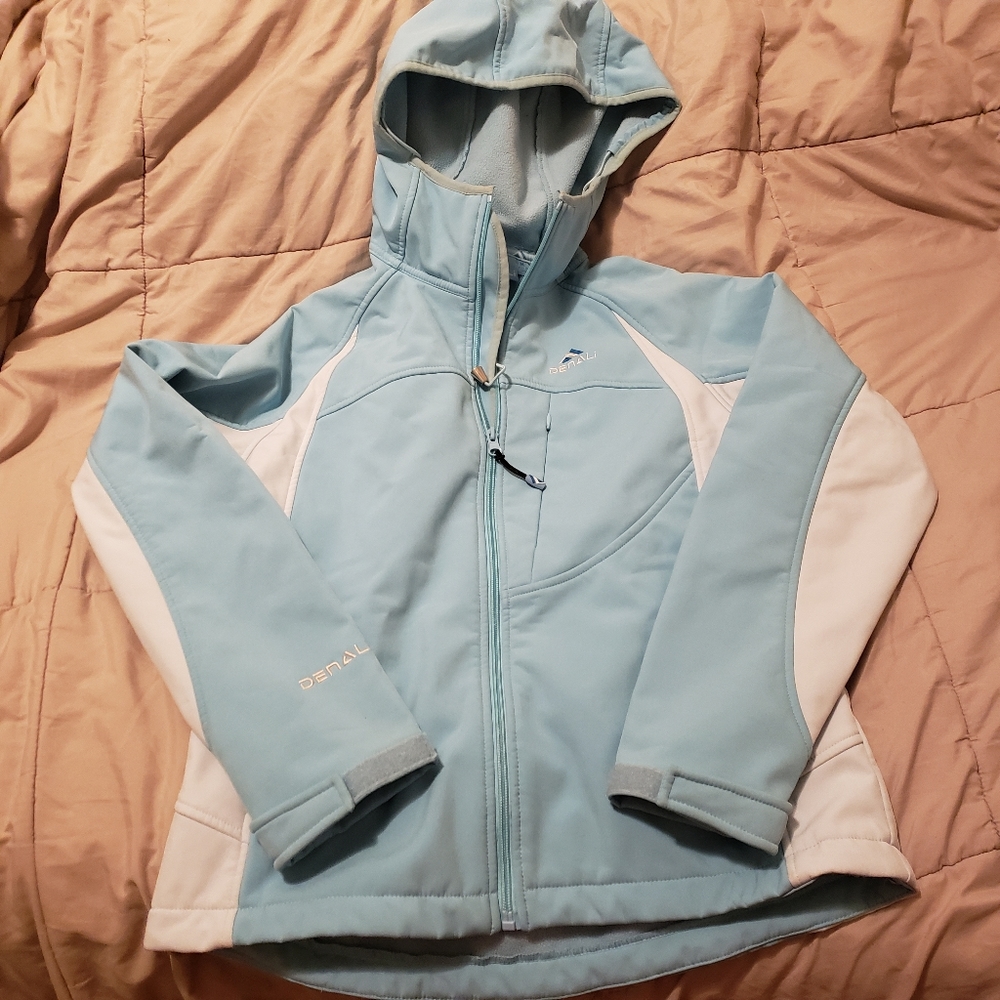 Light blue hooded fleece lined Denali jacket